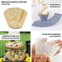 25 Pack | Gold Lace Laser Cut Paper Cupcake Wrappers, Muffin Baking Cup Trays