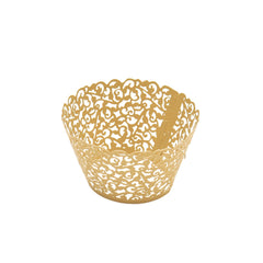 25 Pack | Gold Lace Laser Cut Paper Cupcake Wrappers, Muffin Baking Cup Trays