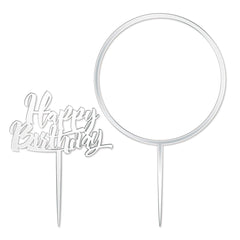 Happy Birthday and Large Flower Hoop Mirror Silver Cake Topper Set
