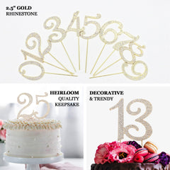 2.5" Gold Rhinestone Monogram Number Cake Toppers, Numbers 0 - 9