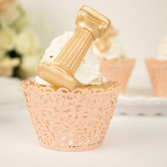 25 Pack Blush Lace Laser Cut Paper Cupcake Wrappers, Muffin Baking Cup Trays