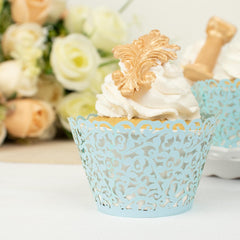 25 Pack | Blue Lace Laser Cut Paper Cupcake Wrappers, Muffin Baking Cup Trays