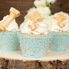 25 Pack | Blue Lace Laser Cut Paper Cupcake Wrappers, Muffin Baking Cup Trays