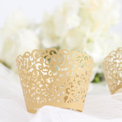 25 Pack | Gold Lace Laser Cut Paper Cupcake Wrappers, Muffin Baking Cup Trays