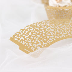 25 Pack | Gold Lace Laser Cut Paper Cupcake Wrappers, Muffin Baking Cup Trays