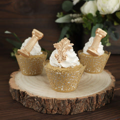 25 Pack | Gold Lace Laser Cut Paper Cupcake Wrappers, Muffin Baking Cup Trays