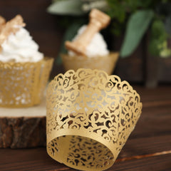 25 Pack | Gold Lace Laser Cut Paper Cupcake Wrappers, Muffin Baking Cup Trays