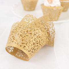 25 Pack | Gold Lace Laser Cut Paper Cupcake Wrappers, Muffin Baking Cup Trays