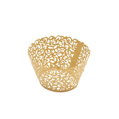 25 Pack | Gold Lace Laser Cut Paper Cupcake Wrappers, Muffin Baking Cup Trays