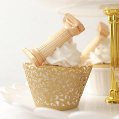 25 Pack | Gold Lace Laser Cut Paper Cupcake Wrappers, Muffin Baking Cup Trays