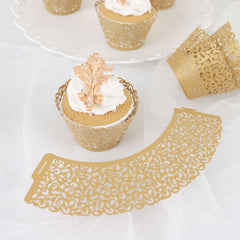 25 Pack | Gold Lace Laser Cut Paper Cupcake Wrappers, Muffin Baking Cup Trays