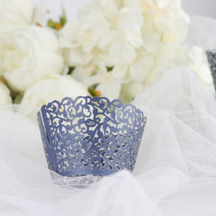 25 Pack | Navy Blue Lace Laser Cut Paper Cupcake Wrappers, Muffin Baking Cup Trays