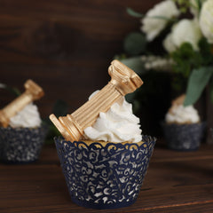 25 Pack | Navy Blue Lace Laser Cut Paper Cupcake Wrappers, Muffin Baking Cup Trays