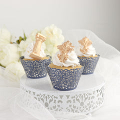 25 Pack | Navy Blue Lace Laser Cut Paper Cupcake Wrappers, Muffin Baking Cup Trays