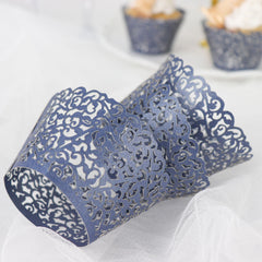 25 Pack | Navy Blue Lace Laser Cut Paper Cupcake Wrappers, Muffin Baking Cup Trays