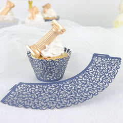 25 Pack | Navy Blue Lace Laser Cut Paper Cupcake Wrappers, Muffin Baking Cup Trays