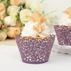 25 Pack | Purple Lace Laser Cut Paper Cupcake Wrappers, Muffin Baking Cup Trays