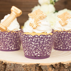 25 Pack | Purple Lace Laser Cut Paper Cupcake Wrappers, Muffin Baking Cup Trays