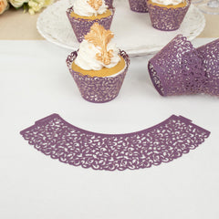 25 Pack | Purple Lace Laser Cut Paper Cupcake Wrappers, Muffin Baking Cup Trays