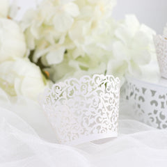 25 Pack | White Lace Laser Cut Paper Cupcake Wrappers, Muffin Baking Cup Trays