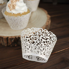 25 Pack | White Lace Laser Cut Paper Cupcake Wrappers, Muffin Baking Cup Trays