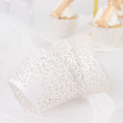 25 Pack | White Lace Laser Cut Paper Cupcake Wrappers, Muffin Baking Cup Trays