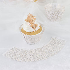 25 Pack | White Lace Laser Cut Paper Cupcake Wrappers, Muffin Baking Cup Trays