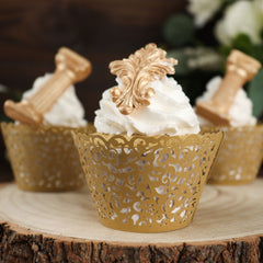 25 Pack | Gold Lace Laser Cut Paper Cupcake Wrappers, Muffin Baking Cup Trays